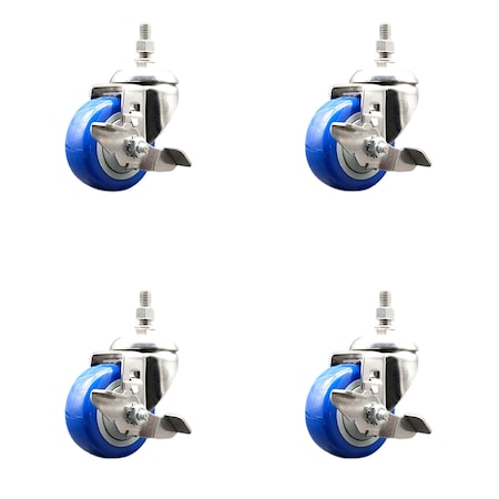 Service Caster 3 Inch 316SS Blue Polyurethane Swivel 3/8 Inch Threaded Stem Caster Set Brake SS316TS20S314-PPUB-BLUE-TLB-381615-4